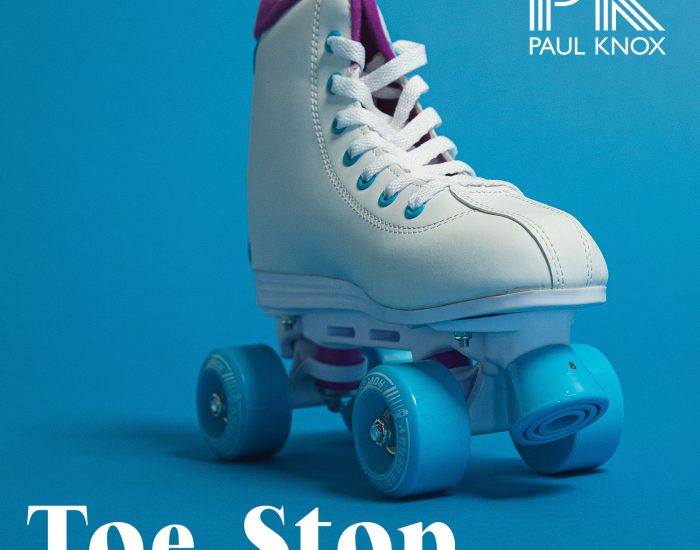Toe Stop cover art roller skate on a blue background