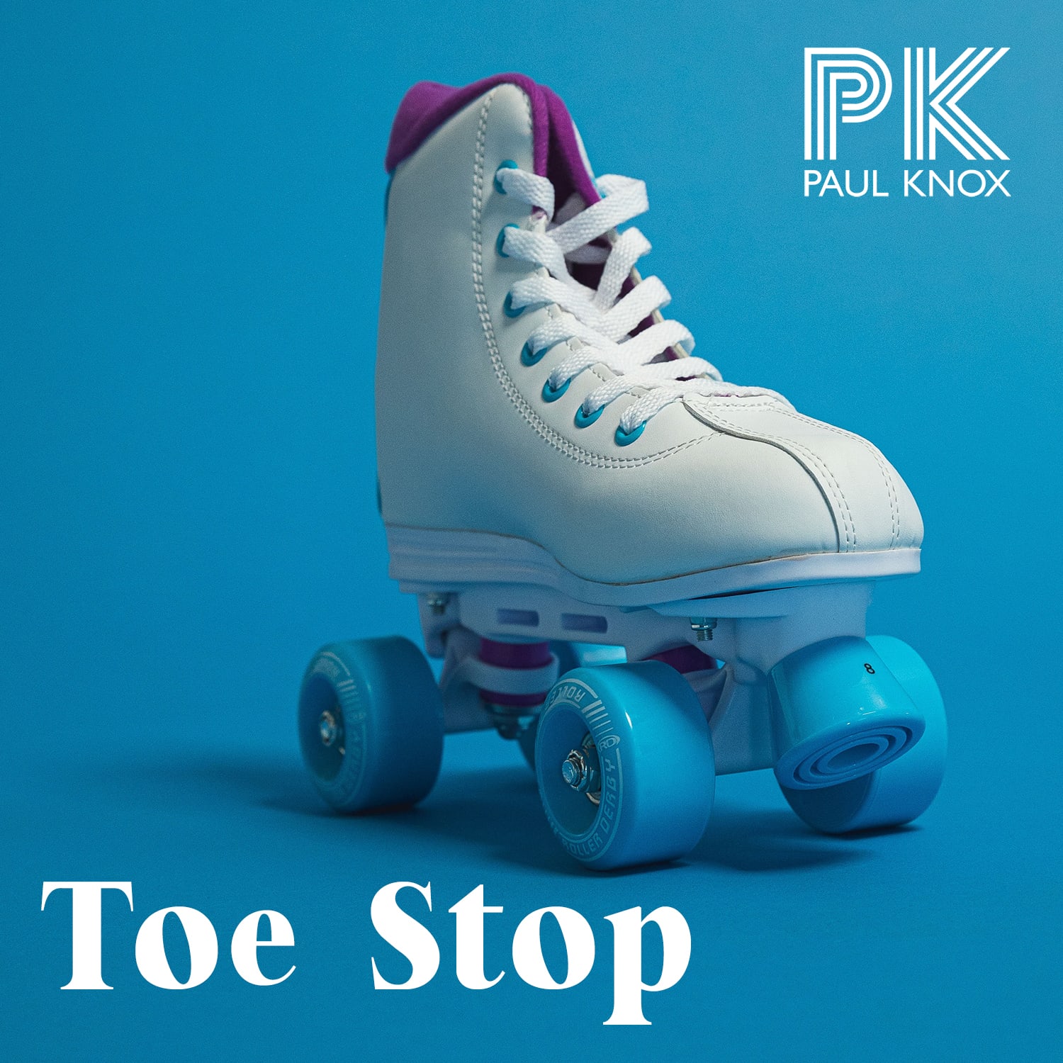 Toe Stop cover art roller skate on a blue background